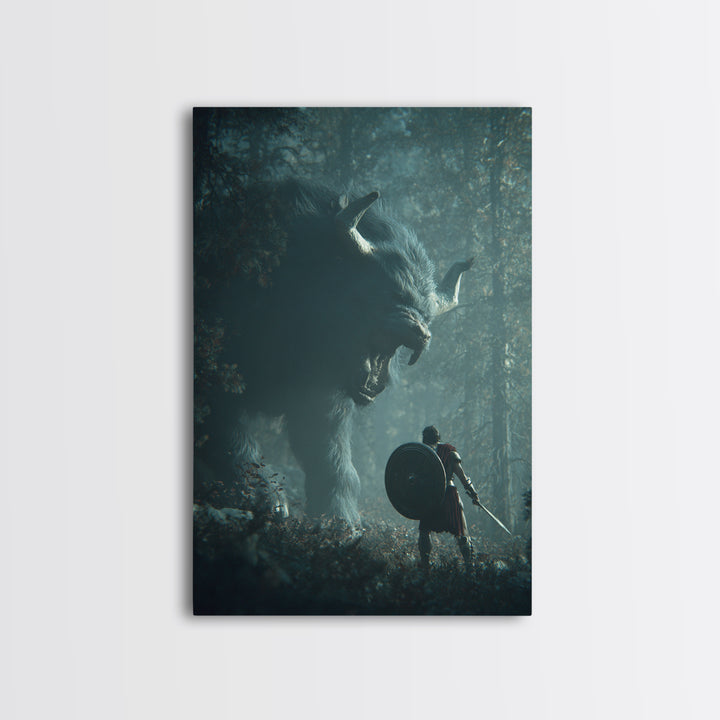 Warrior Facing Giant Wolf In Forest Wall Art, Dark Fantasy Canvas Print, Mythical Creature Decor, Gift For Gamer, Adventure Art