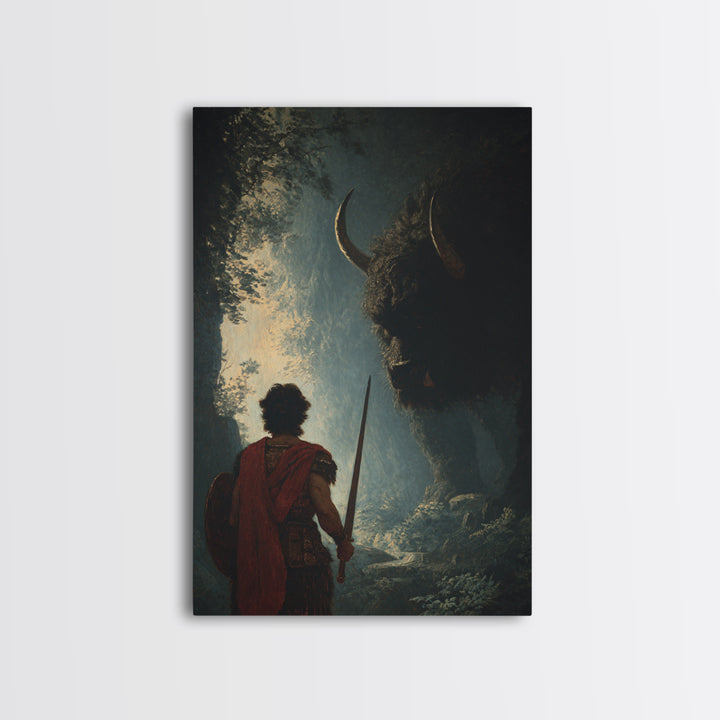 Warrior Facing Shadowed Minotaur Wall Art, Dark Fantasy Oil Painting, Mythological Art Print, Gothic Home Decor Gift For Him