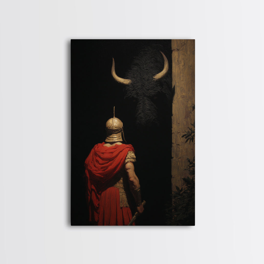 Roman Soldier Facing Shadowed Bull Framed Canvas Print, Mythological Art, Dark Academia Decor, Ancient Classical Wall Art