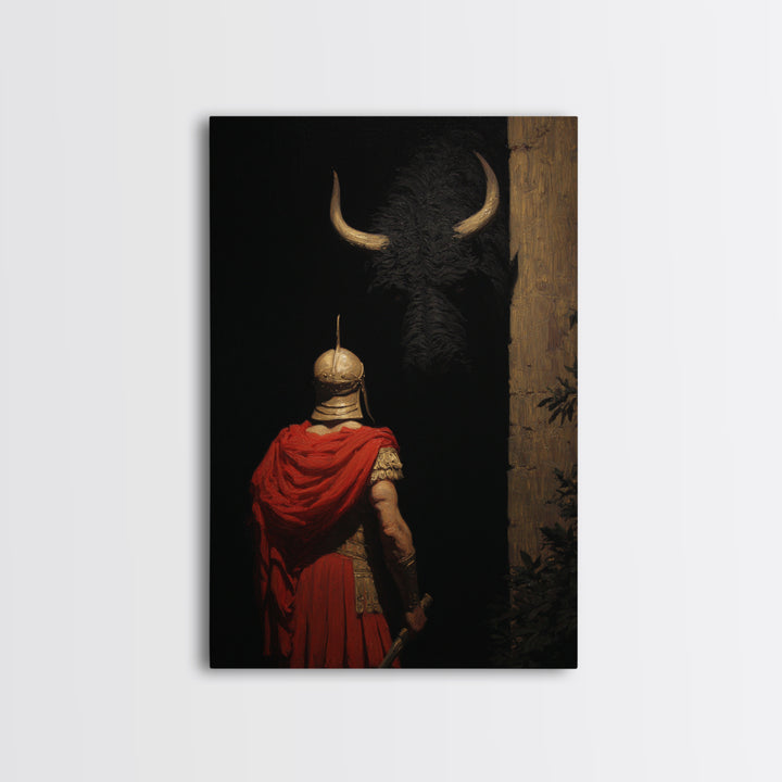 Roman Soldier Facing Shadowed Bull Framed Canvas Print, Mythological Art, Dark Academia Decor, Ancient Classical Wall Art