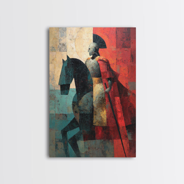 Abstract Roman Cavalry And Red Cloak Framed Canvas Print, Ancient Warrior Wall Decor, Modern Historical Art Print, Gift For Him