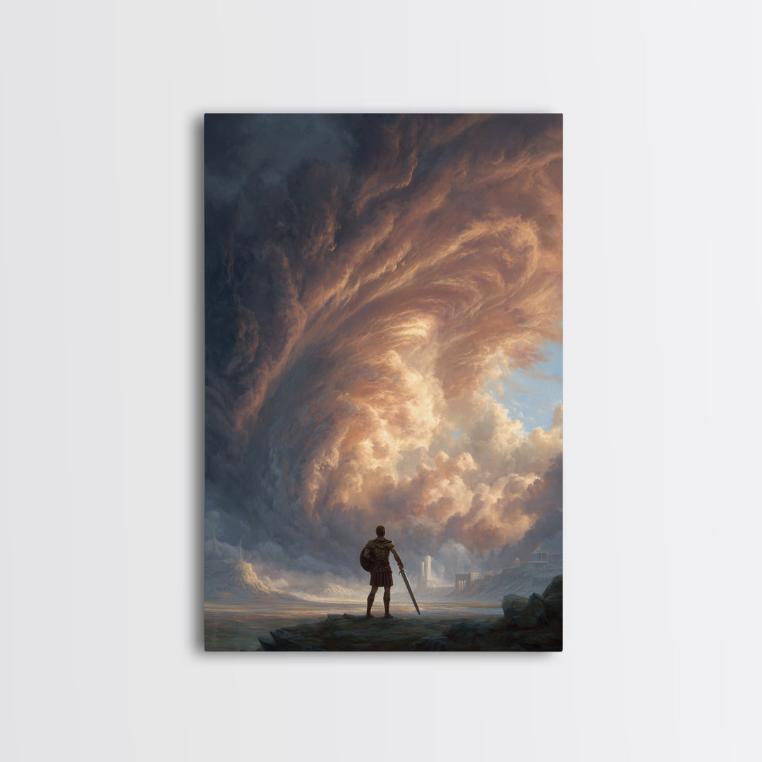 Hero Before Storm Canvas Print, Epic Fantasy Large Wall Art, Moody Seascape Painting, Masculine Office Decor Gift For Him