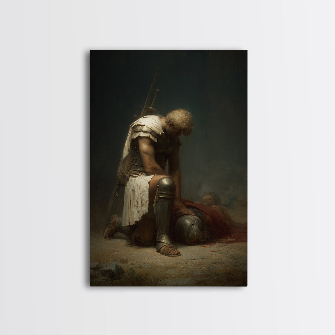 Kneeling Fallen Warrior Canvas Print, Dark Battle Wall Art, Classical Figurative Oil Painting, Moody Office Decor Gift For Him