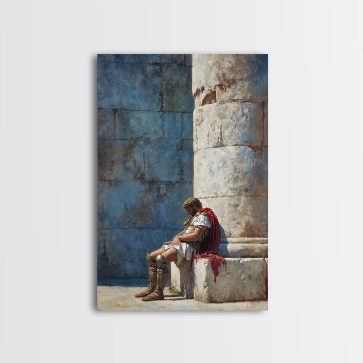 Resting Roman Soldier By Stone Column Wall Art, Ancient Classical Canvas Print, Historical Office Decor For Him, Housewarming Gift