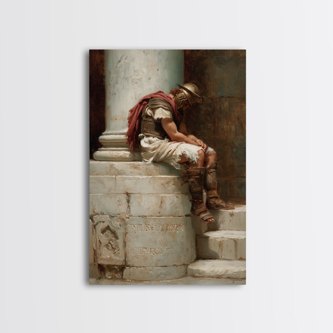 Sleeping Roman Soldier On Marble Steps Framed Canvas Print, Classical Wall Art, Ancient History Decor, Dark Academia Gift