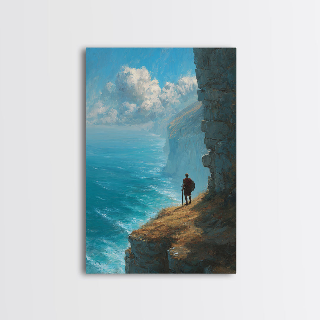 Epic Coastal Cliffside Warrior Painting Wall Art Canvas Print Dramatic Ocean View With Ancient Soldier For Home Decor
