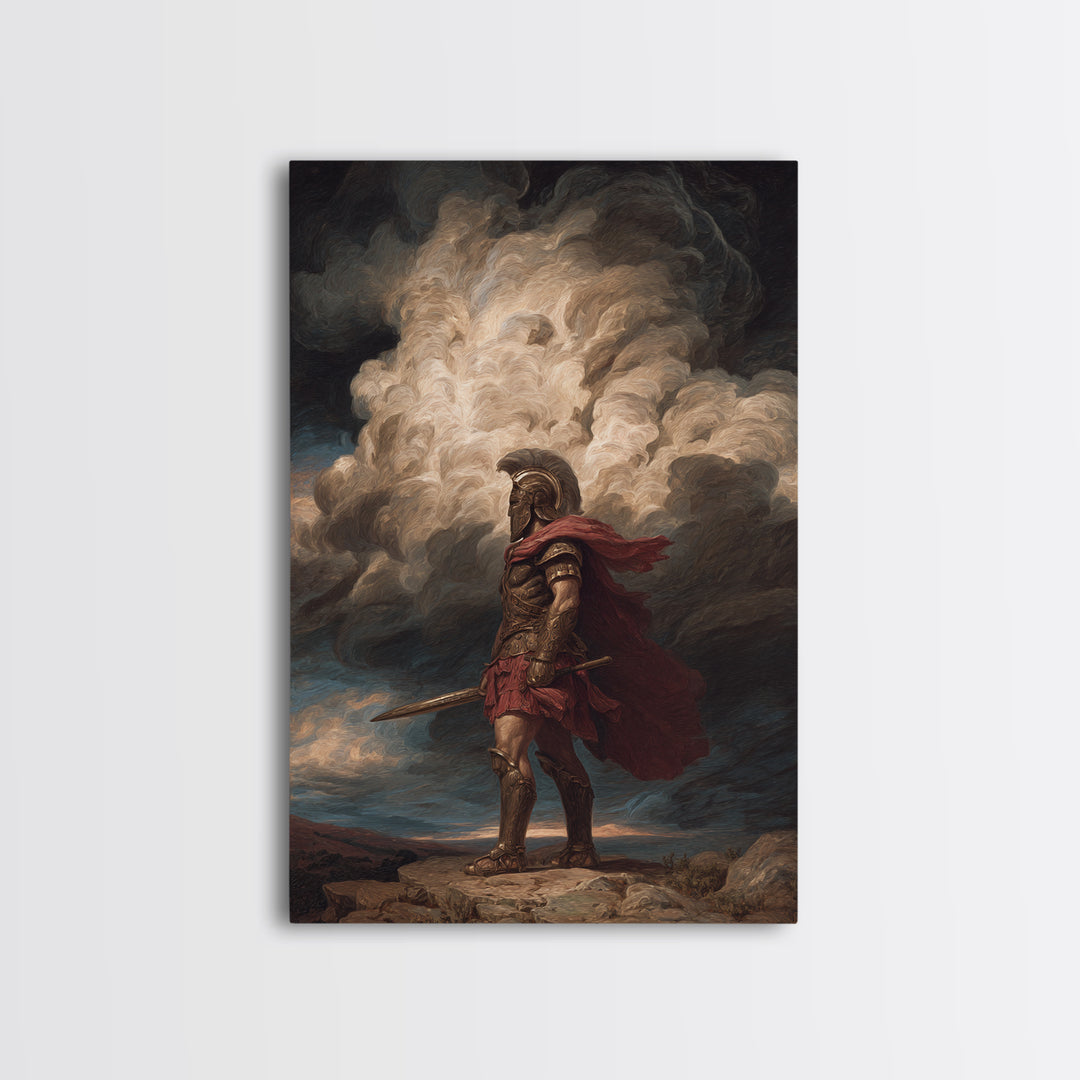 Roman Centurion Under Storm Clouds Framed Canvas Print, Classical Warrior Wall Art, Mythological Decor, Dramatic Office Art