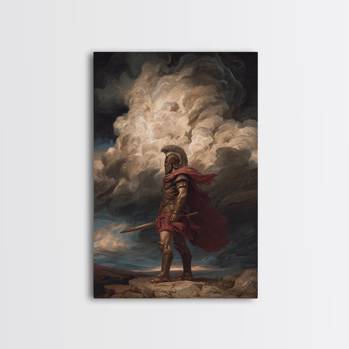 Roman Centurion Under Storm Clouds Framed Canvas Print, Classical Warrior Wall Art, Mythological Decor, Dramatic Office Art