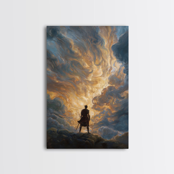 Lone Hero Beneath Golden Storm Clouds Wall Art, Epic Fantasy Canvas Print, Dramatic Sky Modern Living Room Decor, Office Decor