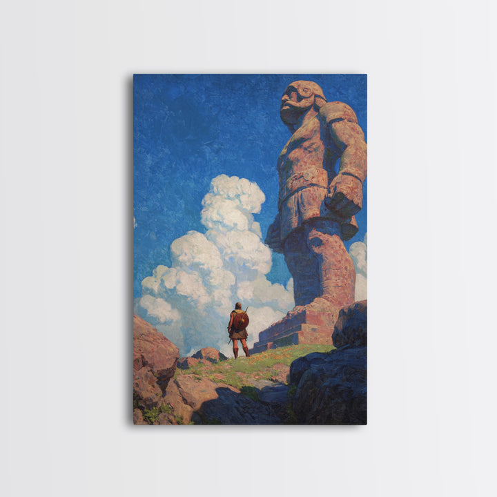 Tiny Warrior Beneath Colossal Stone Giant, Fantasy Wall Art, Mythical Landscape Print, Adventure Decor, Kids Room Art, Unique Gift