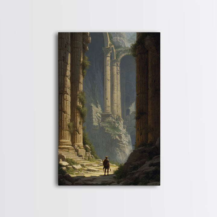 Lone Explorer In Monumental Ancient Ruins Wall Art, Fantasy Architecture Canvas, Classical Landscape Decor, Large Fine Art Print