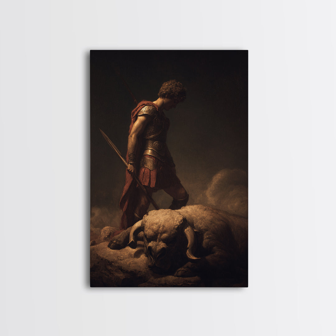 Heroic Warrior Standing Over Fallen Ram, Framed Canvas Print, Mythological Wall Art, Dark Fantasy Decor, Masculine Gift For Him