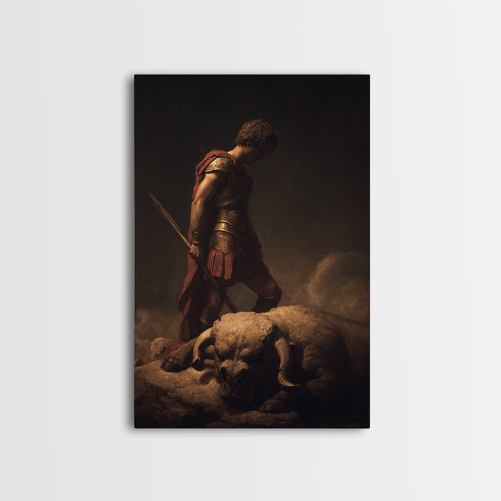 Heroic Warrior Standing Over Fallen Ram, Framed Canvas Print, Mythological Wall Art, Dark Fantasy Decor, Masculine Gift For Him