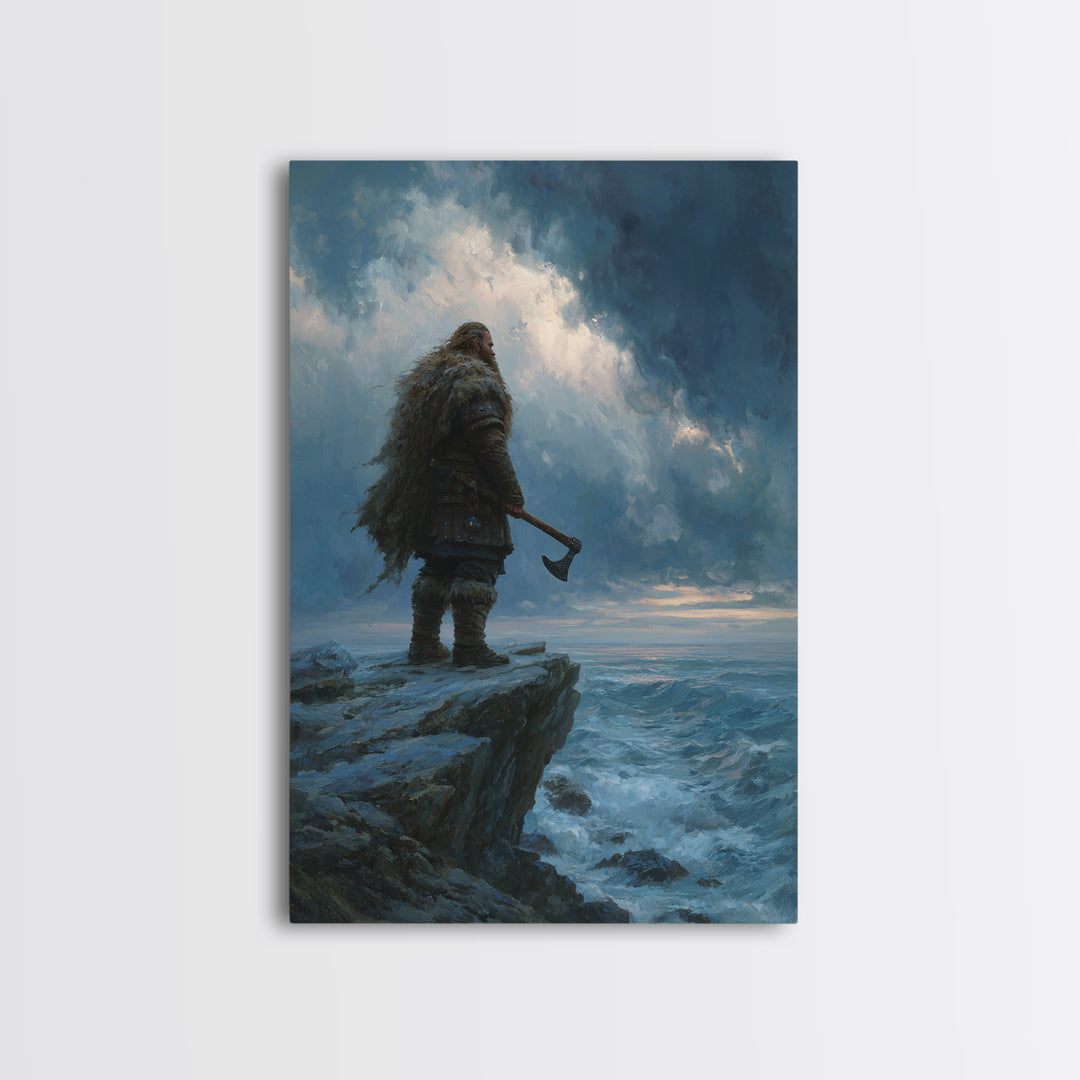 Viking Warrior On Stormy Ocean Cliff Wall Art, Norse Fantasy Canvas, Moody Seascape Print, Masculine Home Decor, Gift For Him