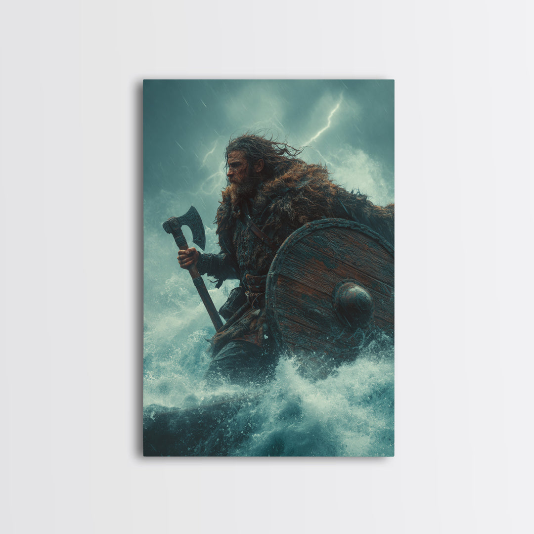 Stormy Viking Warrior With Axe, Norse Seascape Wall Art, Dark Fantasy Canvas Print, Masculine Decor, Gift For Him, Man Cave