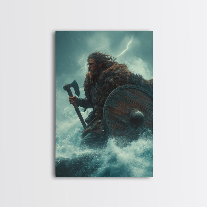 Stormy Viking Warrior With Axe, Norse Seascape Wall Art, Dark Fantasy Canvas Print, Masculine Decor, Gift For Him, Man Cave