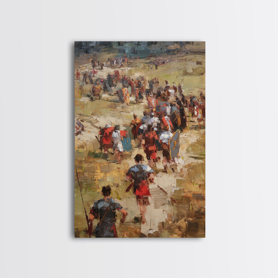 Roman Soldiers Marching Through Sunlit Camp Canvas Print, Impressionist Historical Wall Art, Classical Home Decor, Gift For Him