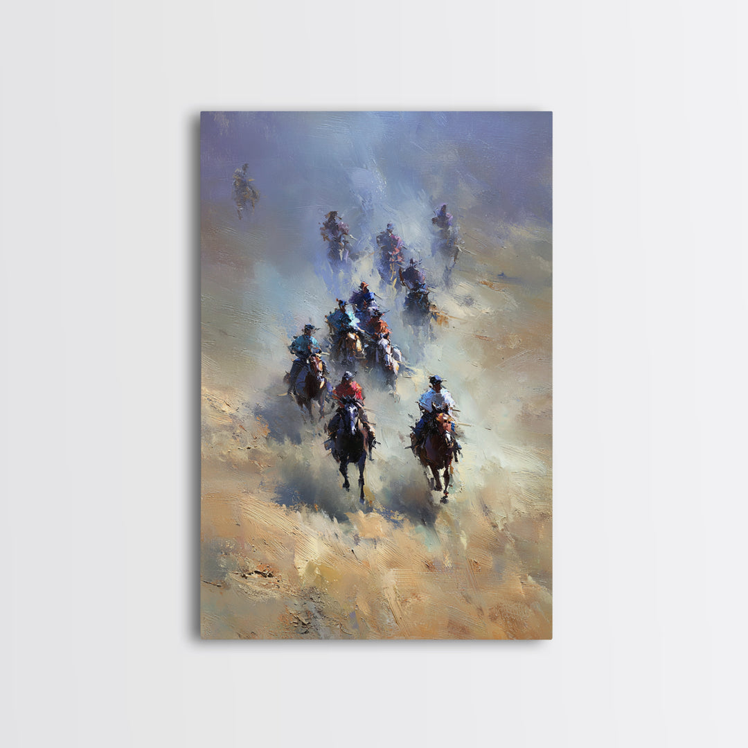 Galloping Cowboys In Dusty Desert Wall Art, Western Horse Racing Painting, Rustic Ranch Decor, Gift For Horse Lover, Living Room Art