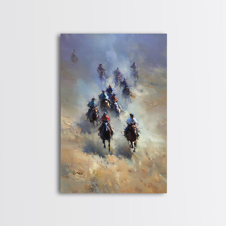Galloping Cowboys In Dusty Desert Wall Art, Western Horse Racing Painting, Rustic Ranch Decor, Gift For Horse Lover, Living Room Art