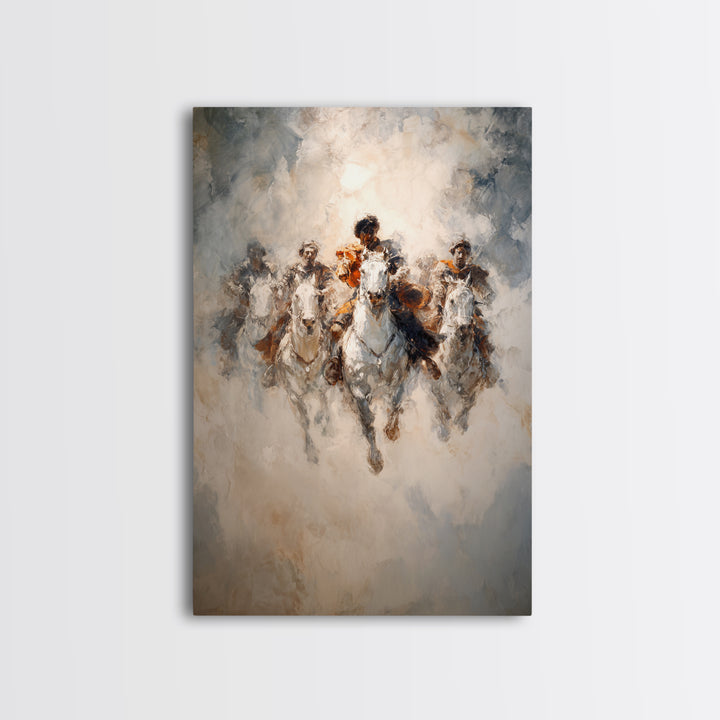 White Horses Charging Through Mist Canvas Print, Abstract Equine Painting, Equestrian Wall Art, Modern Farmhouse Decor Gift