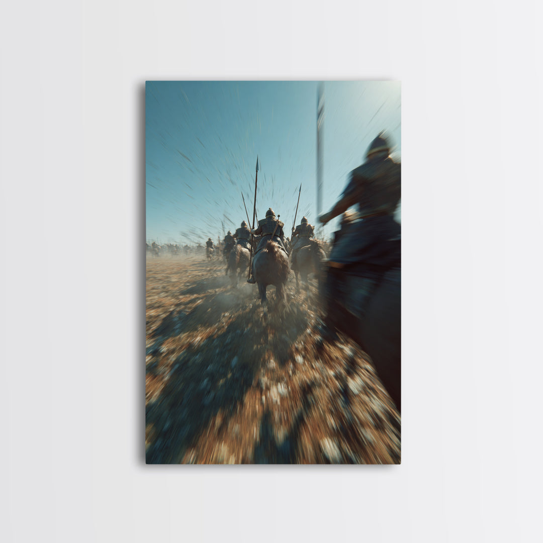 Ancient Cavalry Charge Across Dusty Battlefield Canvas Print, Epic Battle Wall Art, Horse Racing Decor, Masculine Art Gift For Him