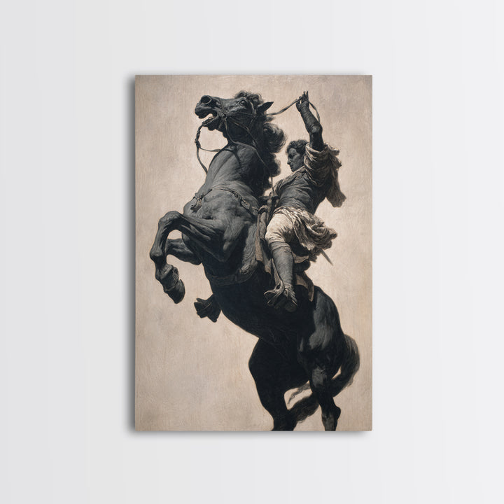 Rearing Black Horse And Rider Framed Canvas Print, Dramatic Equestrian Wall Art, Western Decor, Horse Lover Gift For Ranch Home