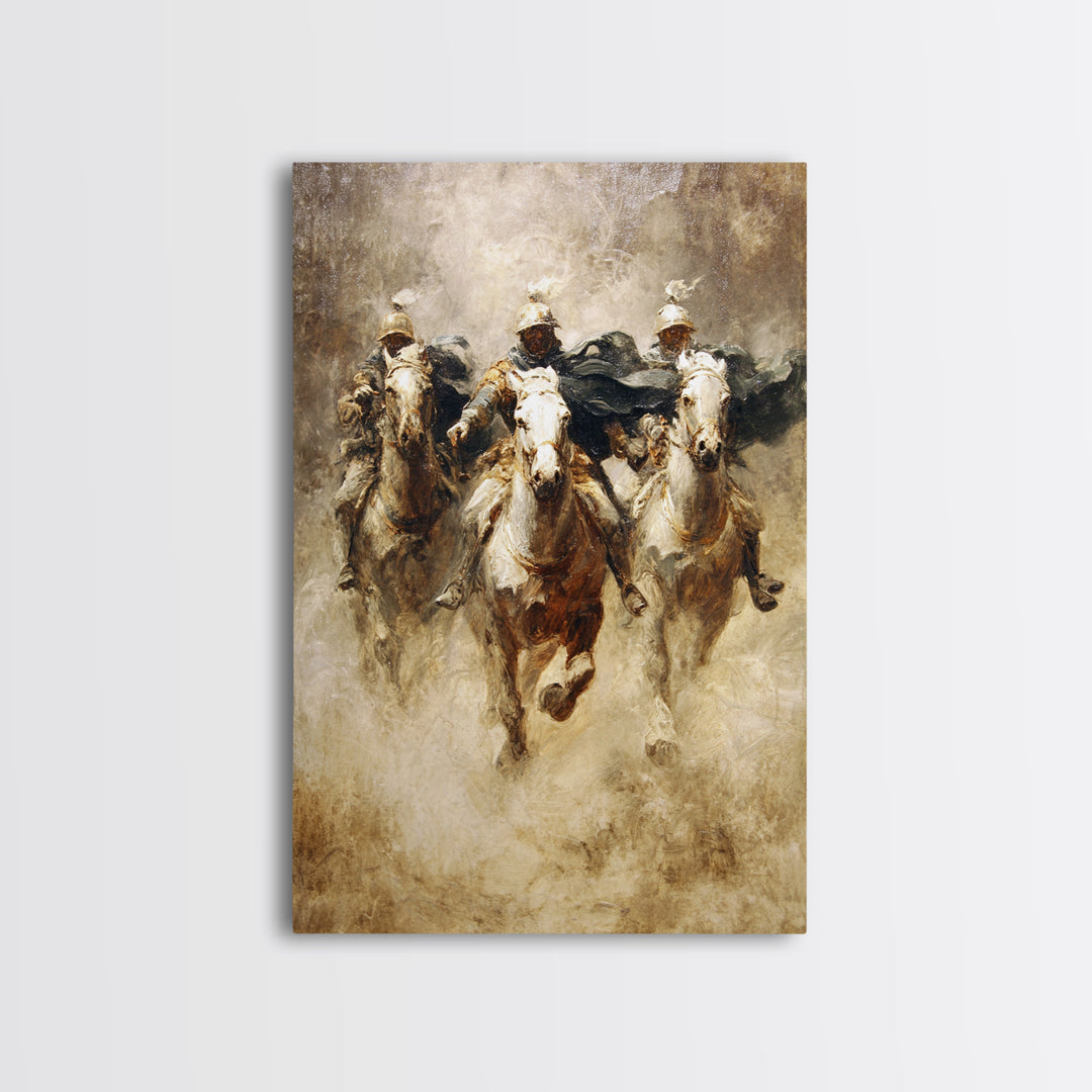 Charging Medieval Cavalry Riders Wall Art, Dramatic Horse Battle Canvas Print, Rustic Fantasy Decor, Large Living Room Decor