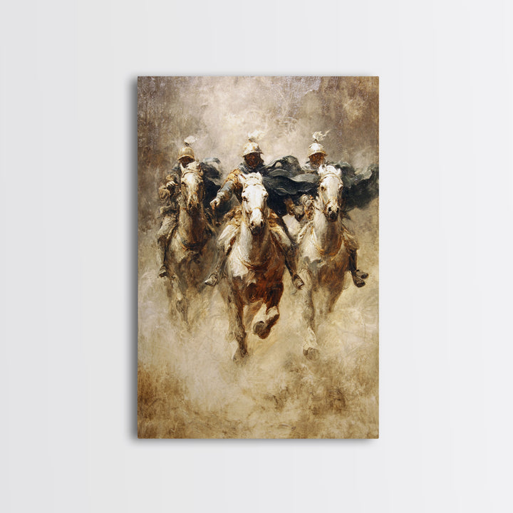 Charging Medieval Cavalry Riders Wall Art, Dramatic Horse Battle Canvas Print, Rustic Fantasy Decor, Large Living Room Decor