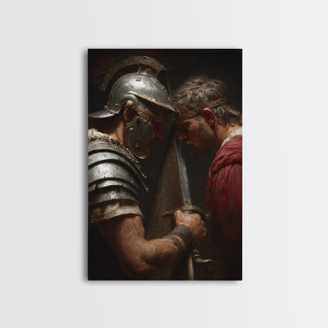 Roman Gladiator Face Off With Sword Wall Art, Intense Ancient Duel Canvas Print, Dark Masculine Office Decor, Gift For Him