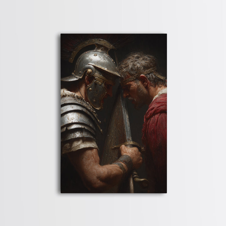 Roman Gladiator Face Off With Sword Wall Art, Intense Ancient Duel Canvas Print, Dark Masculine Office Decor, Gift For Him