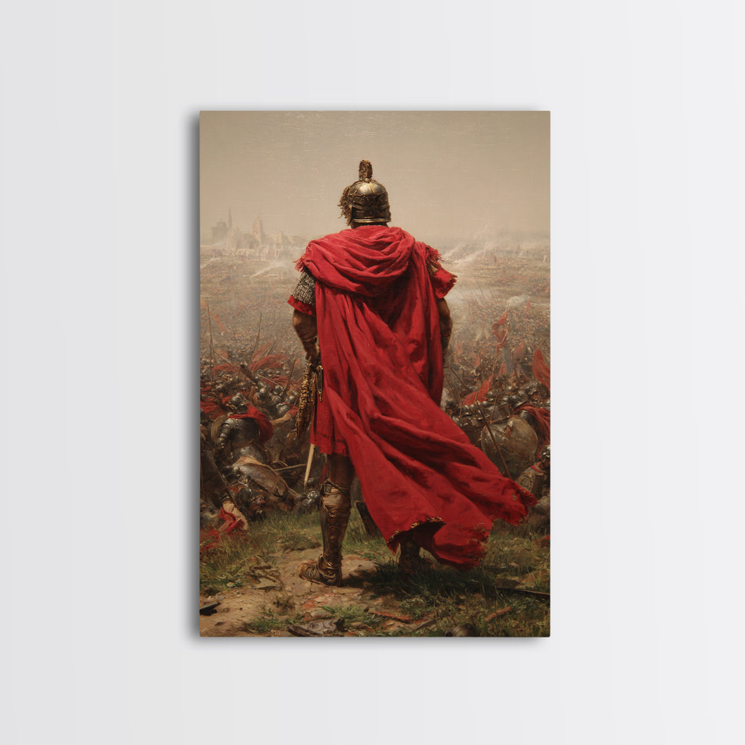 Roman General Red Cloak Wall Art, Epic Battlefield Oil Painting, Ancient Warrior Canvas Decor For Masculine Office Gift Idea