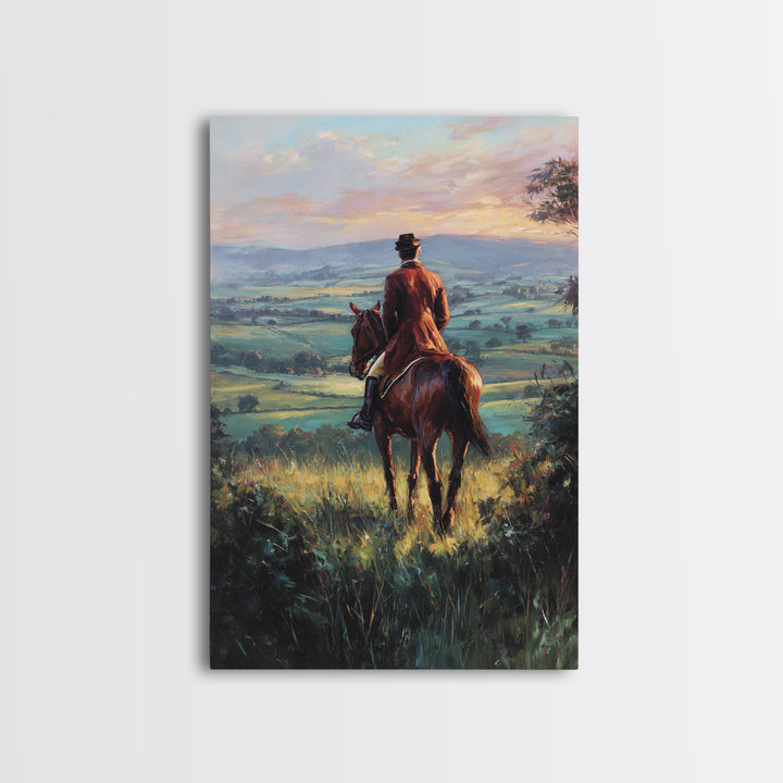Rider On Horse Over Rolling Countryside Canvas Print, Equestrian Wall Art, Country Landscape Painting, Rustic Home Decor