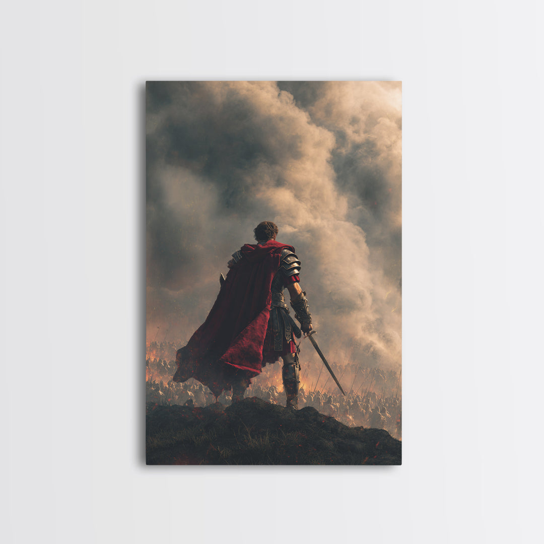 Roman Commander Over Burning Battlefield Framed Canvas Print, Ancient Warrior Wall Art, Dramatic History Decor, Gift For Him