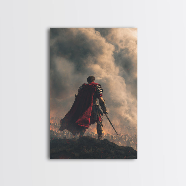 Roman Commander Over Burning Battlefield Framed Canvas Print, Ancient Warrior Wall Art, Dramatic History Decor, Gift For Him