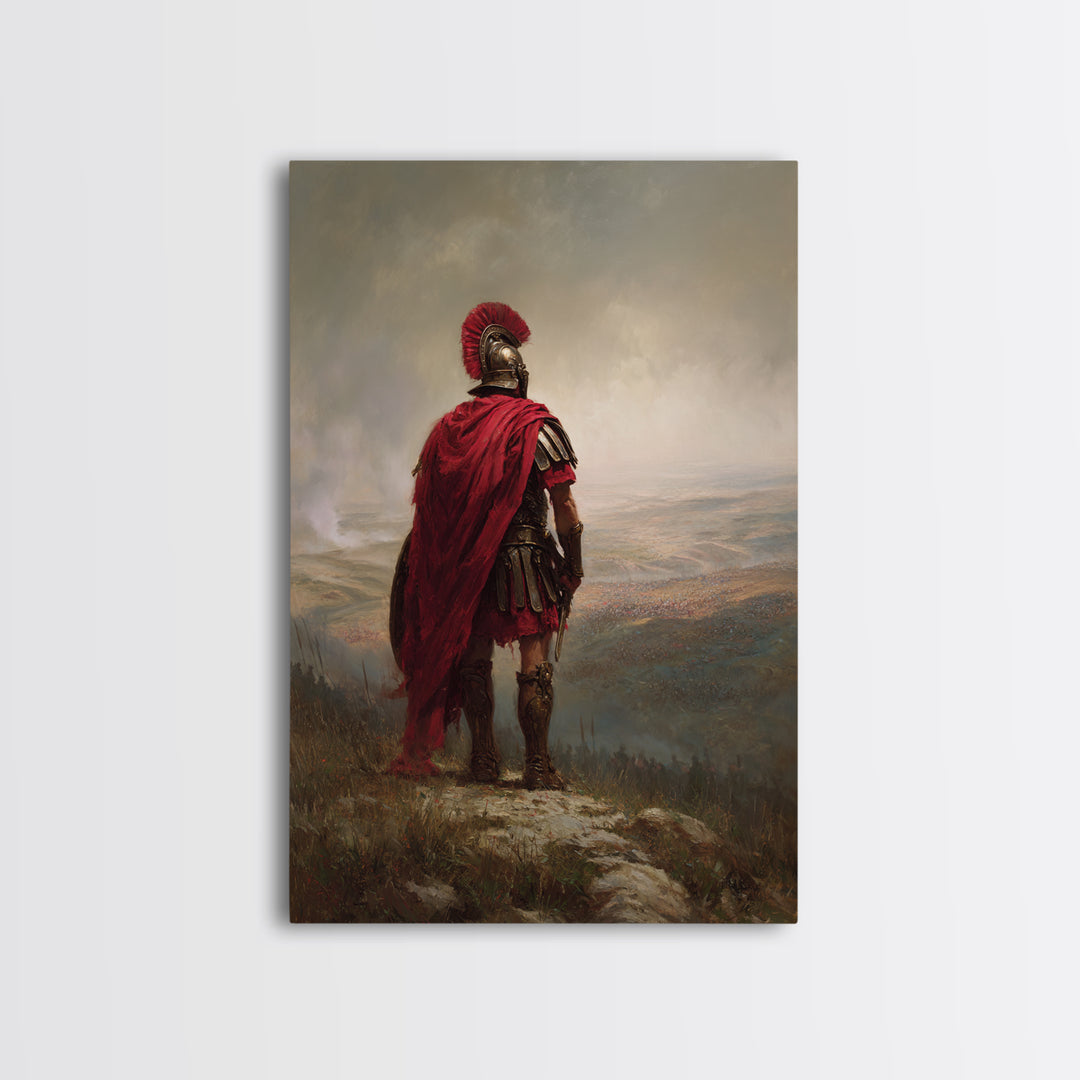 Roman Centurion In Red Cloak Overlooking Battlefield Wall Art, Ancient Warrior Canvas Print For Office Decor And Gift For Him