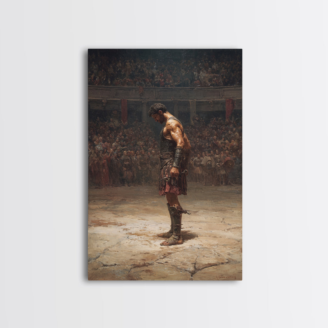 Gladiator In Arena Framed Canvas Print, Roman Warrior Oil Painting, Ancient History Wall Decor And Masculine Office Art Gift
