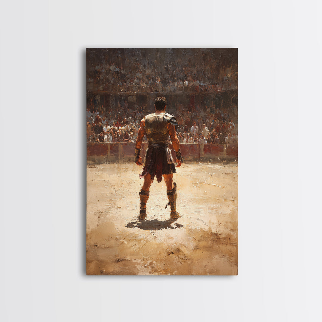 Gladiator Standing In Sunlit Ancient Arena Wall Art, Roman Warrior Canvas Print For Man Cave Decor And Masculine Office Art