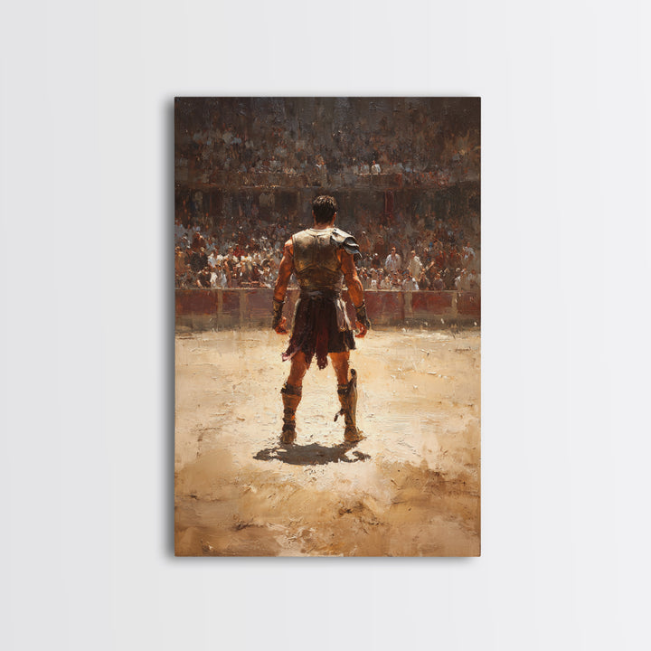 Gladiator Standing In Sunlit Ancient Arena Wall Art, Roman Warrior Canvas Print For Man Cave Decor And Masculine Office Art