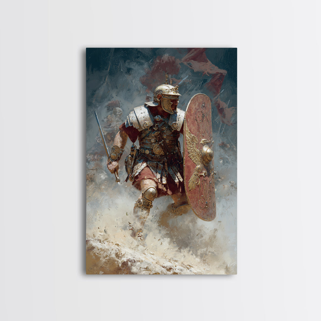Roman Legionary Charging Into Battle Framed Canvas Print, Ancient Warrior Wall Art, Historical Decor, Masculine Office Art