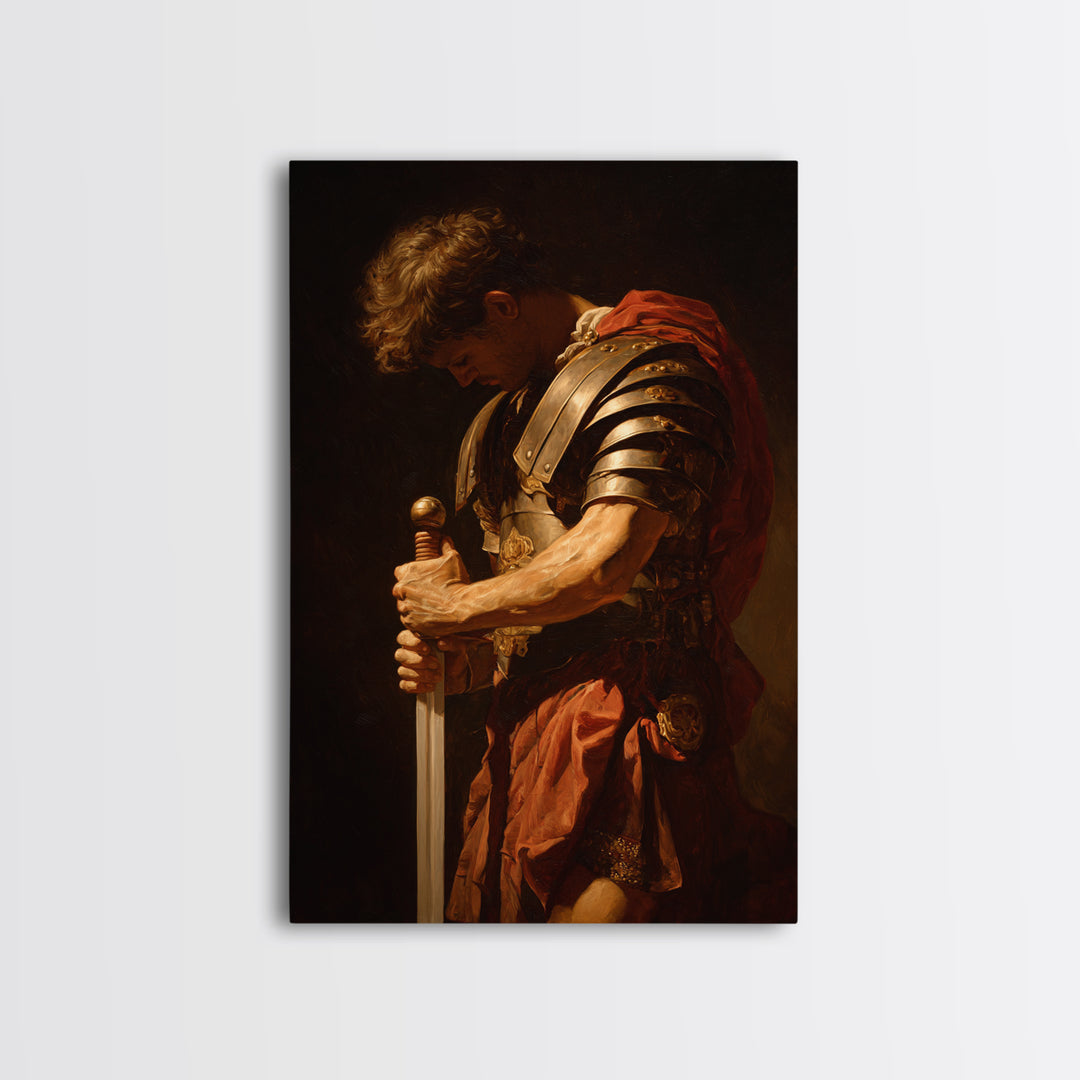Roman Commander With Sword Framed Canvas Print, Dramatic Warrior Wall Art, Classical Oil Painting, Dark Academia Office Decor