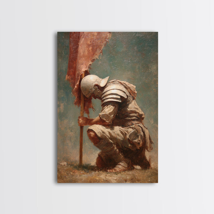 Kneeling Medieval Soldier With Torn Banner Wall Art, Somber Warrior Canvas Print, Historical Battle Decor, Memorial Gift
