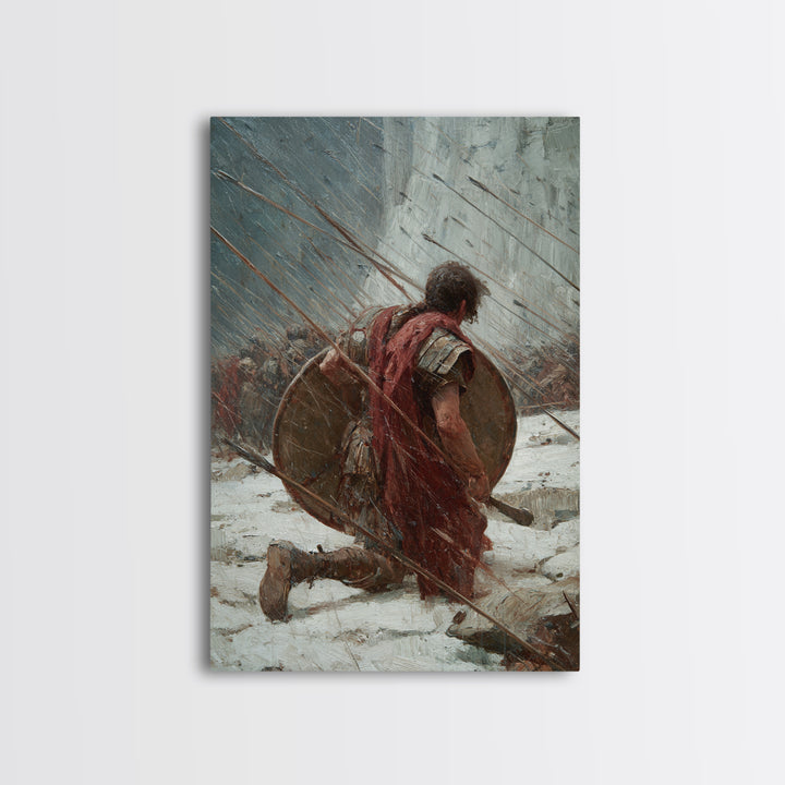 Kneeling Roman Soldier In Arrow Storm Wall Art, Ancient Battle Canvas Print, Heroic Warrior Office Decor, History Gift For Him