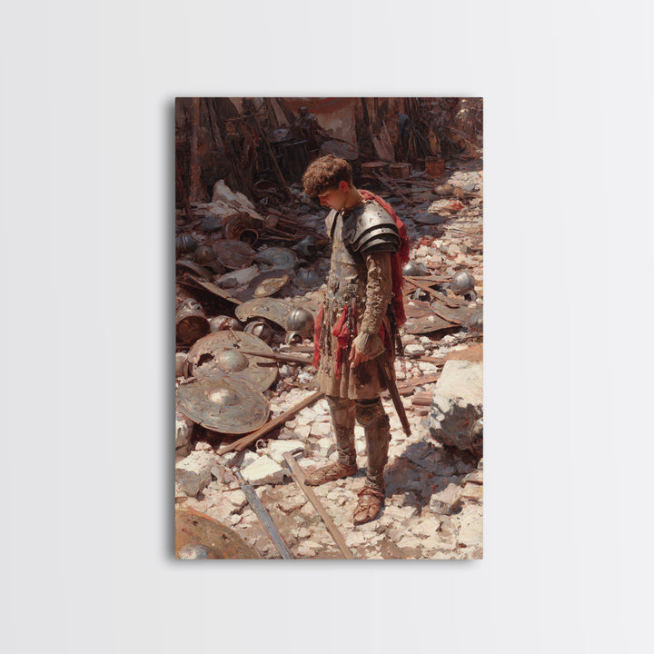 Young Warrior Among Fallen Shields Framed Canvas Print, Roman Battle Oil Painting, Historical Wall Art, Teen Boys Room Decor Gift