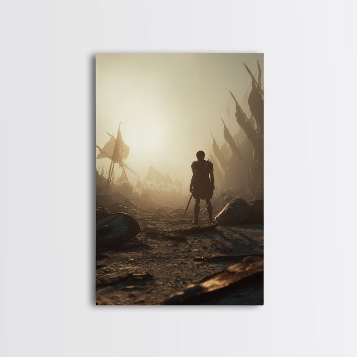 Lone Ancient Warrior In Sunlit Battlefield Canvas Print, Epic Fantasy Wall Art, Greek Battle Decor, Masculine Office Art