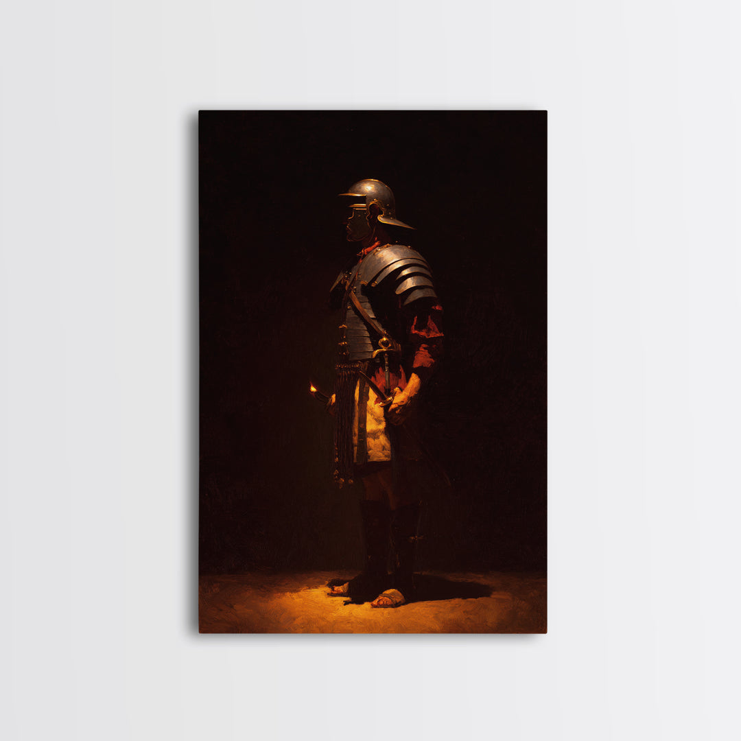 Roman Legionary In Bronze Armor, Framed Canvas Print, Dark Academia Wall Art, Ancient Warrior Decor, Office Art Print, Gift
