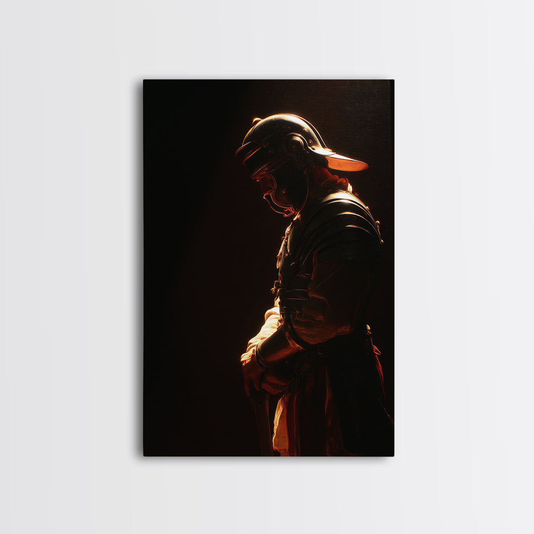 Moody Helmeted Warrior In Golden Rim Light Framed Canvas Print, Dark Fantasy Art, Masculine Office Decor, Gothic Wall Art