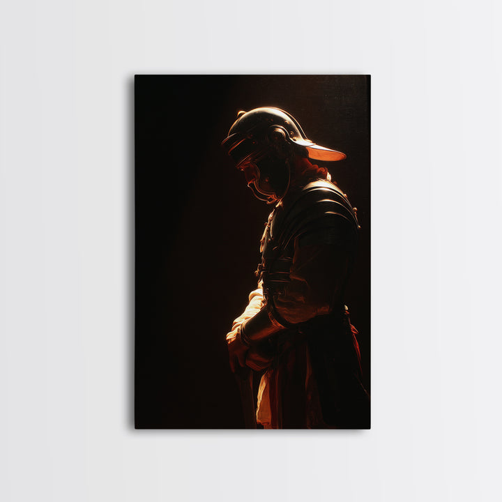 Moody Helmeted Warrior In Golden Rim Light Framed Canvas Print, Dark Fantasy Art, Masculine Office Decor, Gothic Wall Art