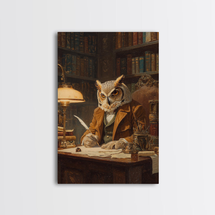 Scholarly Owl Writing In Antique Library Framed Canvas Print, Whimsical Animal Wall Art, Dark Academia Office Decor Gift