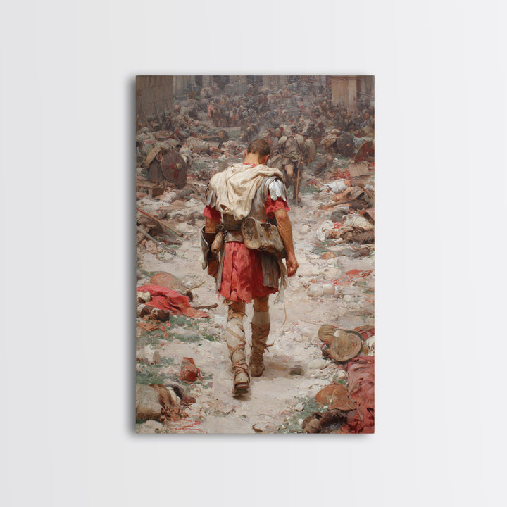 Historic Roman Soldier Amidst Battle Aftermath Detailed Painting Wall Art Canvas Print For History Buffs And Home Decor