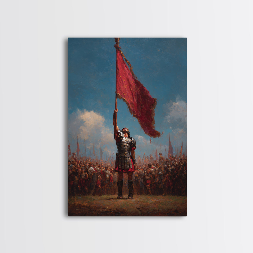 Roman Warrior Raising Red Battle Flag Wall Art, Historical Soldier Canvas, Dramatic Legion Artwork, Gift For Him, Living Room Decor